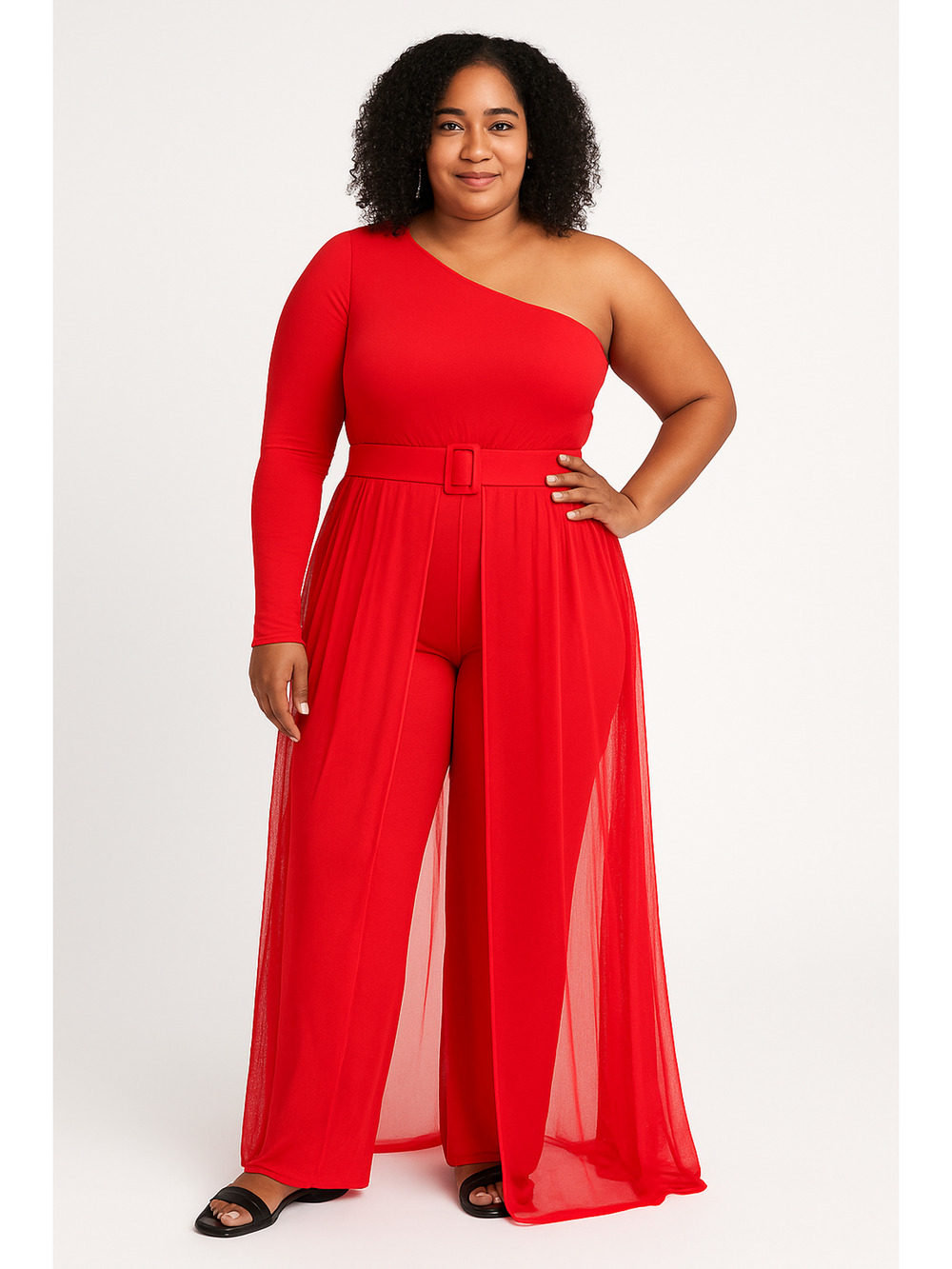 Red Asymmetrical Overlay Jumpsuit Women’s 2XL One Shoulder Wide Leg Plus